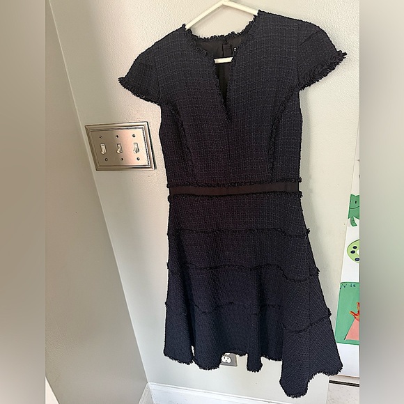 Rebecca Taylor Texture Navy Black Tweed Fringe Hem Designer Fall Dress 0 XS $475 - Picture 8 of 11